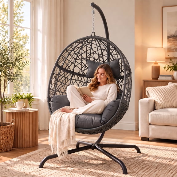 RADIATA Hanging Egg Chair with Stand, Outdoor Indoor Wicker Swing Chair, 350Lbs Nest Chair with Cushions, All-Weather Patio Hammock Seat for Porch Balcony Garden, Dark Gray