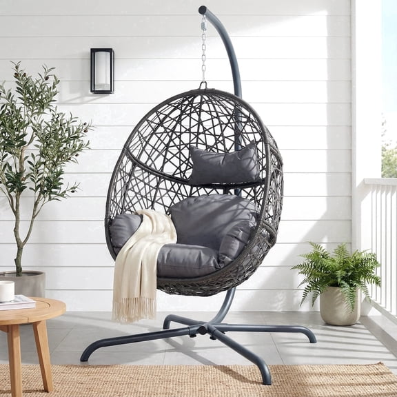 RADIATA Hanging Egg Chair with Stand, Outdoor Indoor Wicker Swing Chair, 350Lbs Nest Chair with Cushions, All-Weather Patio Hammock Seat for Porch Balcony Garden, Dark Gray