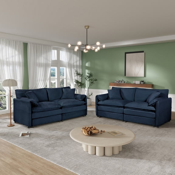 Oversized Deep Seat Luxury 2 Piece Sofa Set, 2 Pieces of Loveseat Sofa, Modern Chenille Comfy Cloud Couches Set for Living Room Office with 4 Pillows,DIY Combination (Blue)