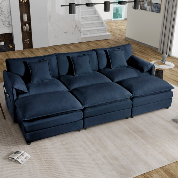 Oversized Deep Seat Sectional Cloud Sofa Sleeper, 3 Ottomans & Soft Pillows, Modular Couch Bed, DIY Combination, Chenille, Blue, for Living Room Apartment