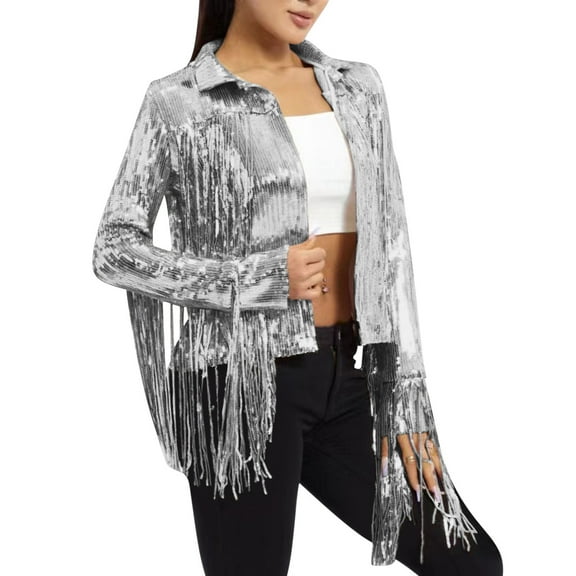 Oversized Denim Jacket Women Ladies Basic Denim Jacket Womens Sequin Fringe Jacket Shiny Glitter Tassel Fringe Long Sleeve Sparkly Jackets Streetwear Coat XL