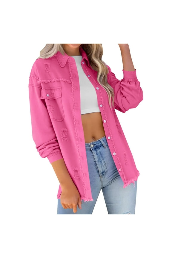 Oversized Denim Jacket Women Ripped Jean Jackets Trendy Button Up Long Sleeve Denim Shirt Jean Shacket Coat with Pockets