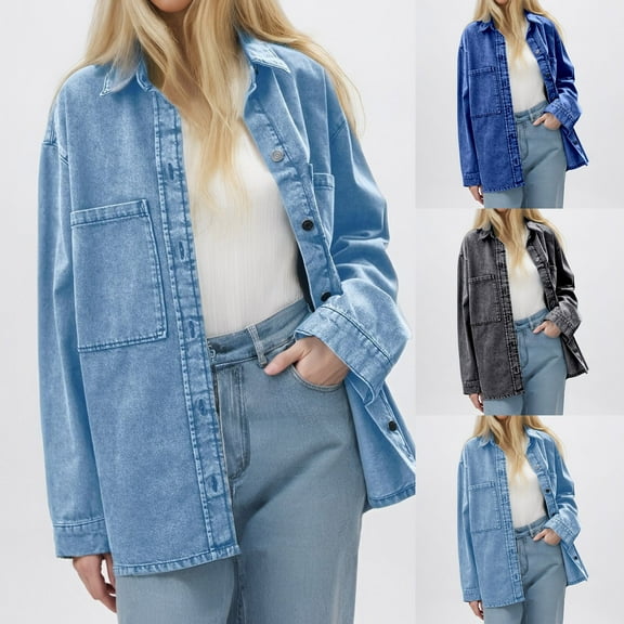 Oversized Denim Jacket Women Women Retro Denim Jacket Blue Big Pocket Long Sleeve Casual Shirt Jacket Women's Denim Jackets Light Blue XXL