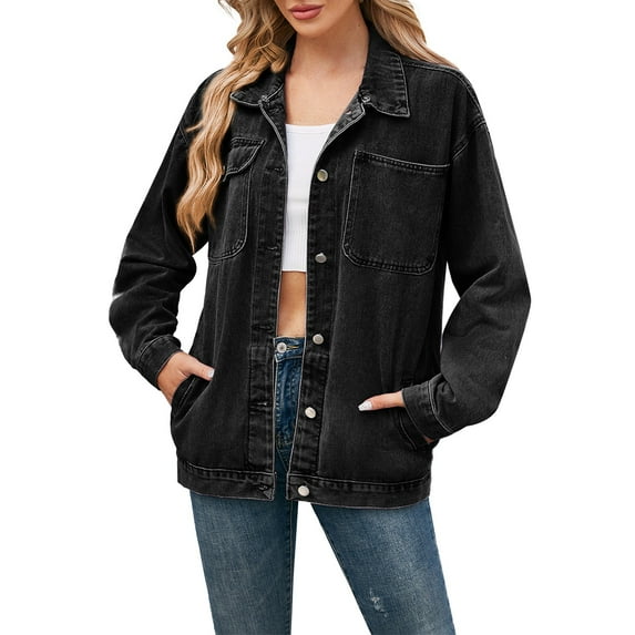 Oversized Denim Jacket Women, Yigetop Women's Retro Casual Denim Jacket Oversized Button Top Long Sleeve Loose Lapel Washed Denim Shacket Coat Jean Jacket Women Black M