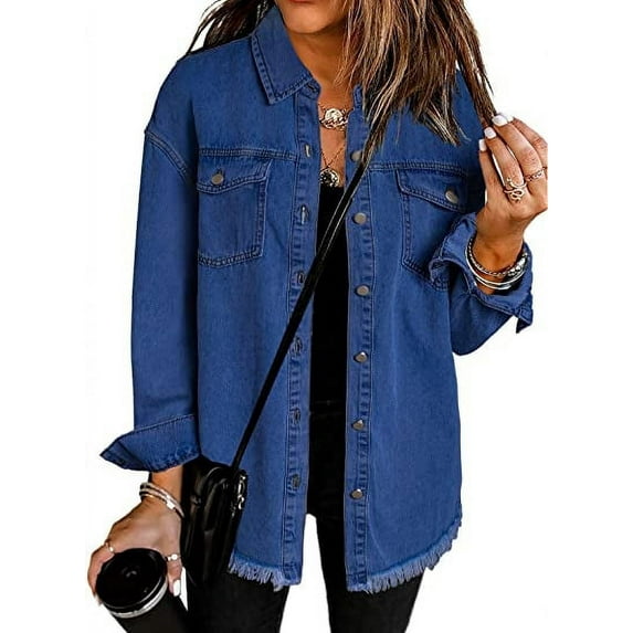 Oversized Denim Jacket for Women Long Sleeve Classic Loose Jean Jacket Blue M Female