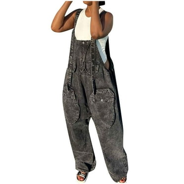 Oversized Denim Jumpsuit Women's Adjustable Suspender Casual Romper Wide Leg Baggy Pocket Distressed Gray Overalls