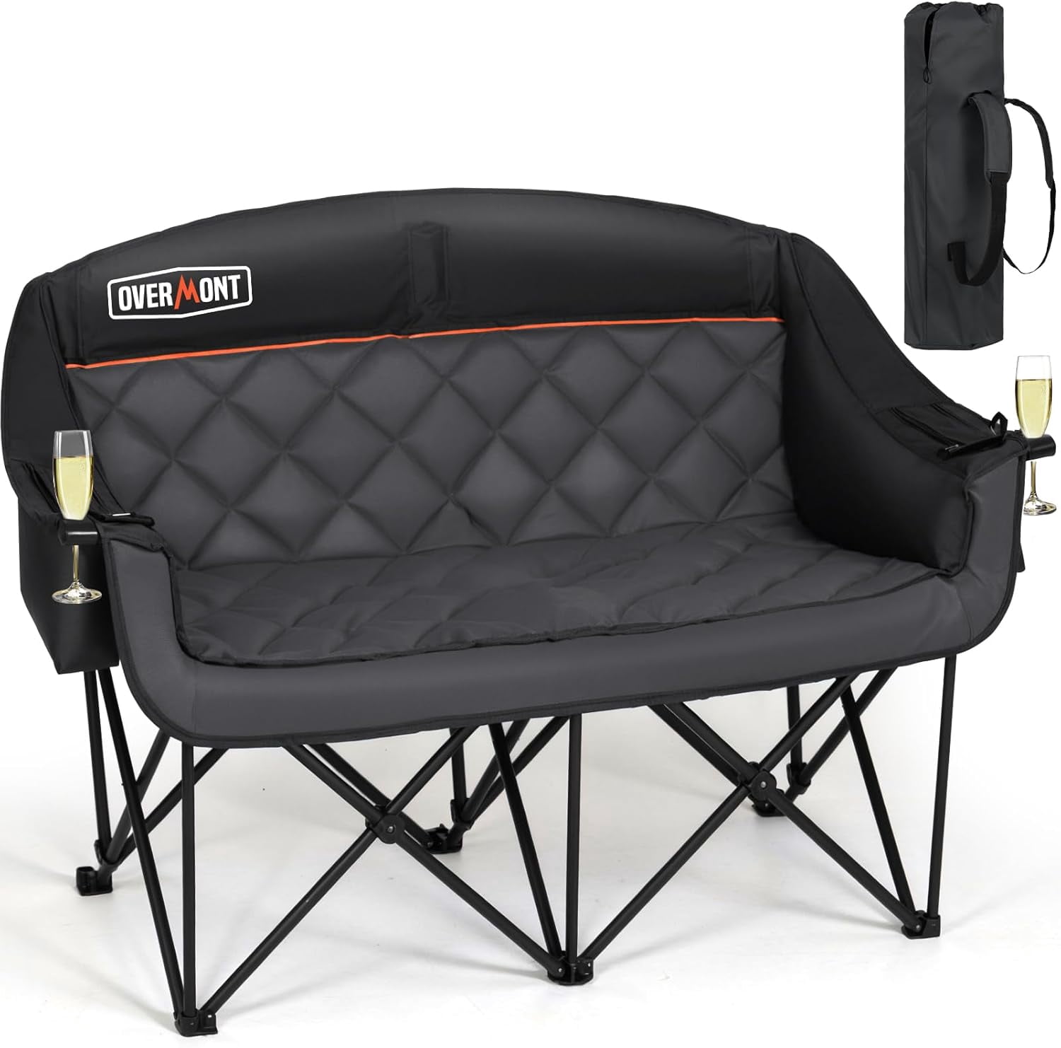 LAUSAINT HOME Double Camping Chair - Oversized Loveseat For Two With Cup Holders, 650 Lb Capacity, Portable Folding Camping Couch, Black