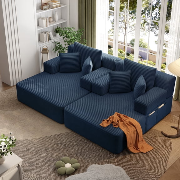 Oversized Double Chaise Lounge 2-Piece Set, Luxurious Plush Corduroy Convertible Sofa Bed with 6 Pillows and Storage Pocket, for Small Spaces,Home Theater, Living Room, Beige/White