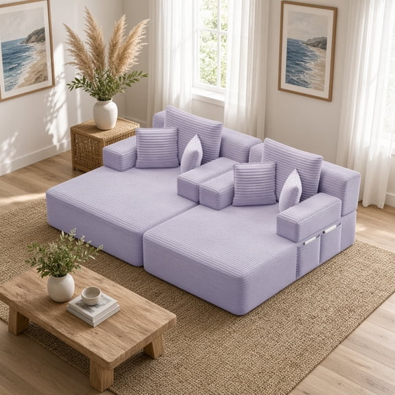 Oversized Double Chaise Lounge Sofa Bed, Convertible Sleeper Couch with Storage Pockets, 3 Pillows, Corduroy for Apartment, Home Theater, Dorm, Purple
