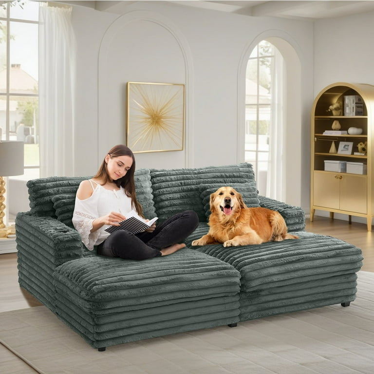 Oversized Double Chaise Lounge, Faux Fur Upholstered Deep Seat