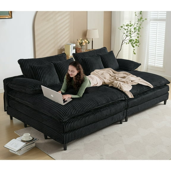 Oversized Double Chaise Lounge Sofa with Four-Position Adjustable Backrest & Plush Cushions, Durable Corduroy Fabric for Living Rooms & Home Offices - Black