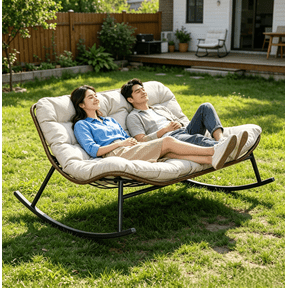 Oversized Double Rocking Papasan Chair, Indoor Outdoor 2-Person Egg Lounge Chair with Thick Cushion, Patio Lounge Chair for Balcony, Porch