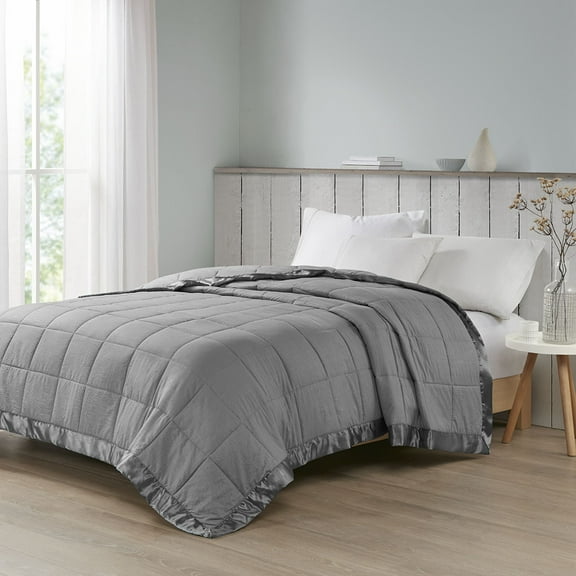 Oversized Down Alternative Blanket with Satin Trim Charcoal King