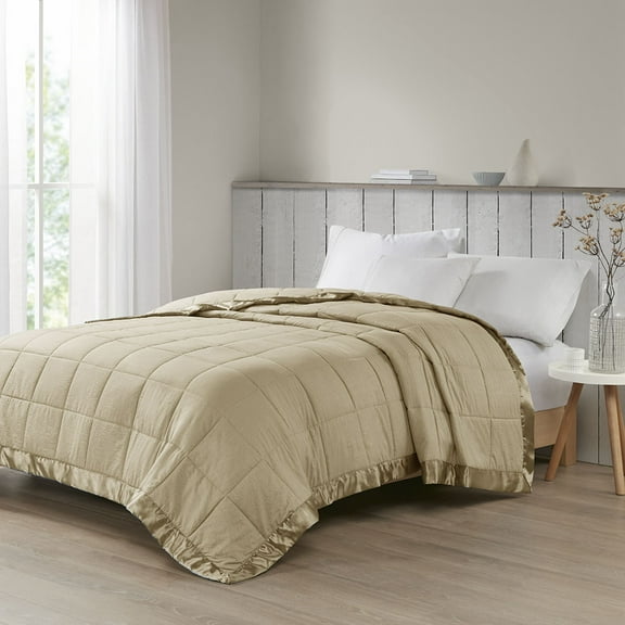 Oversized Down Alternative Blanket with Satin Trim Taupe King