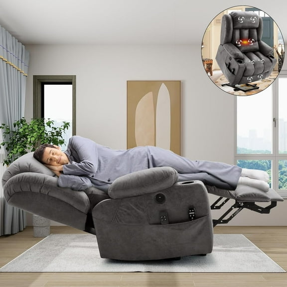 Oversized Dual Motor Power Lift Recliner for Elderly, Extended Footrest, Large Infinite Position Lay Flat Chair for Living Room with Massage & Heat, Lumbar Pillow, USB & Type-C Ports, Gray