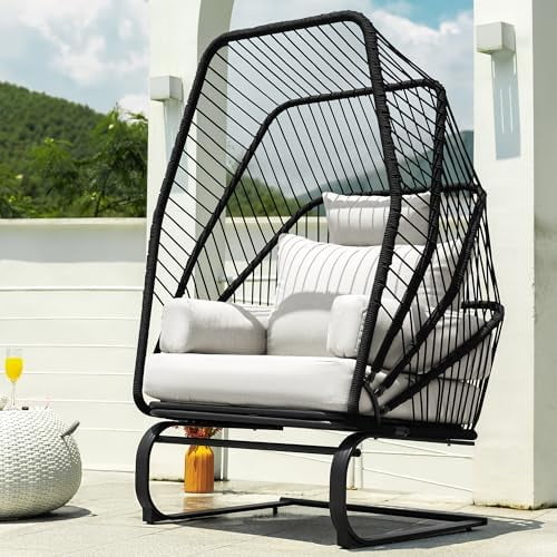 Oversized Egg Chair with One-Piece Shell, Handwoven Rope, Spring Rocker Patio Lounge Chairs with 5 Cushions for Indoor Outdoor Garden Pool$$Garden & Patio