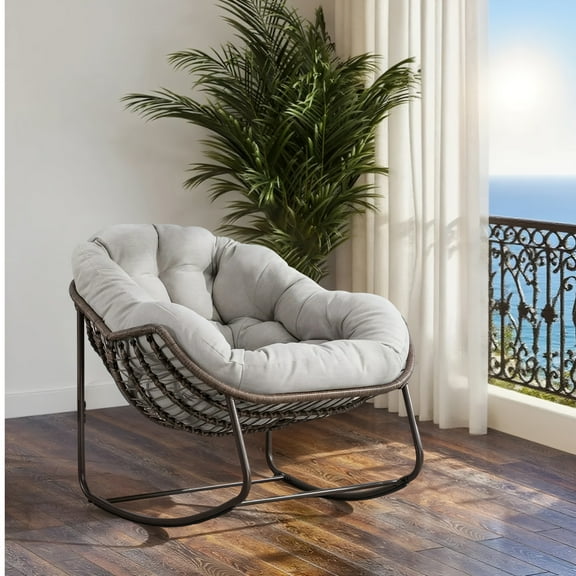 Oversized Egg Chair, Outdoor Rattan Rocking Chair, Padded Cushion Rocker Recliner Chair Outdoor for Front Porch, Living Room, Patio, Garden, Beige