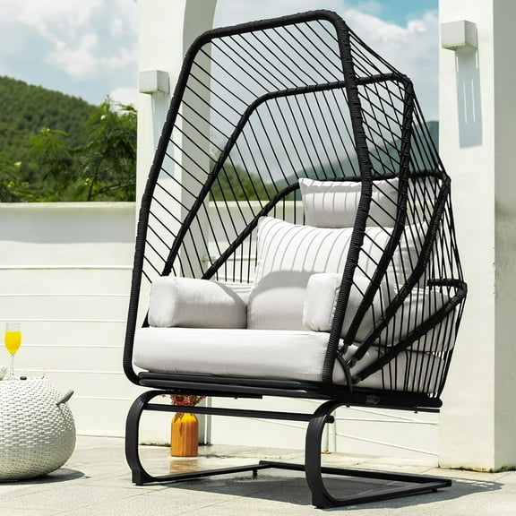 Oversized Egg Chair with One-Piece Shell, Handwoven Rope, Spring Rocker Patio Lounge Chairs with 5 Cushions for Indoor Outdoor Garden Pool