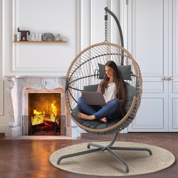 Oversized Egg Swing Chair with Stand, Hanging Swing Chair, Foldable Hammock Chair with Steel Frame, 350LBS Capacity for Patio Garden Bedroom, Beige