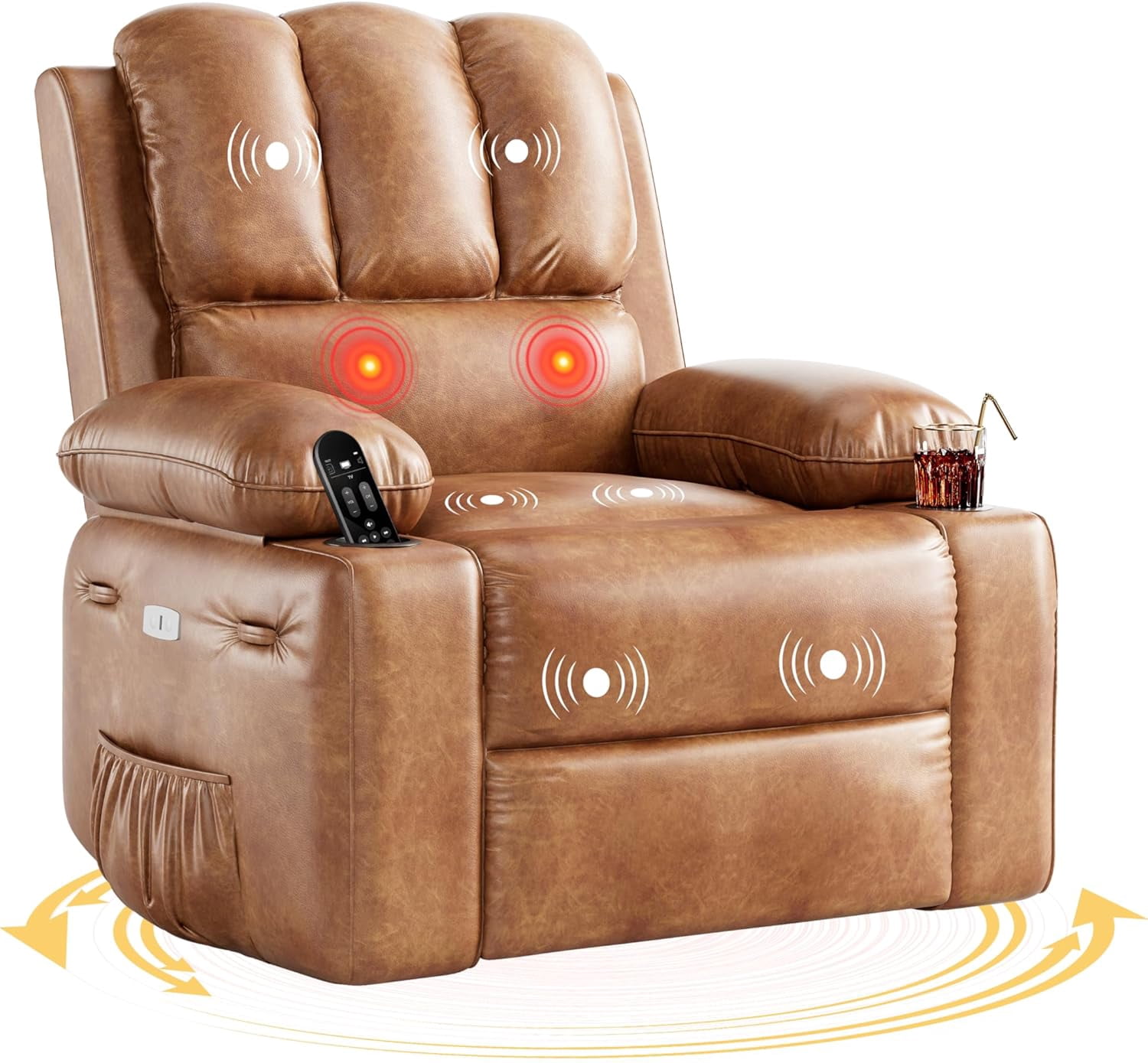 Oversized Electric Power Recliner Chair with Heat & Massage - 360° Swivel Rocker Recliner for Living Room, PU Leather Recliner with 1.5X Sponge Filling, 22" Large Seat Lazyboy Style.