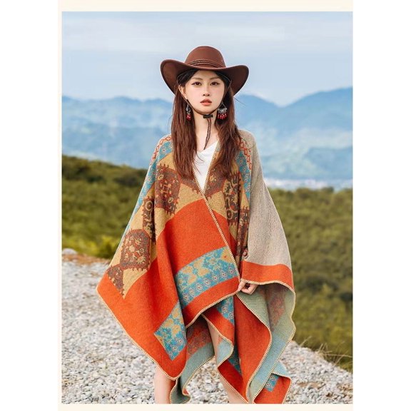 Oversized Ethnic Poncho Wrap for Women, Slit Open Boho Shawl Cape,one size fits all,27