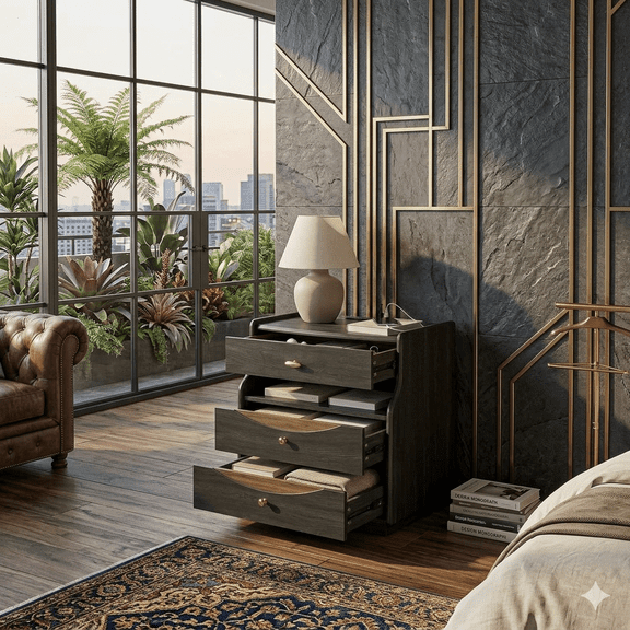 Oversized Extra Large Nightstands with Charging Station and 3 Drawers, 24" Wide Night Stand with Open Shelf, Arc Design End Table with Golden Handle for Bedroom, Living Room Black