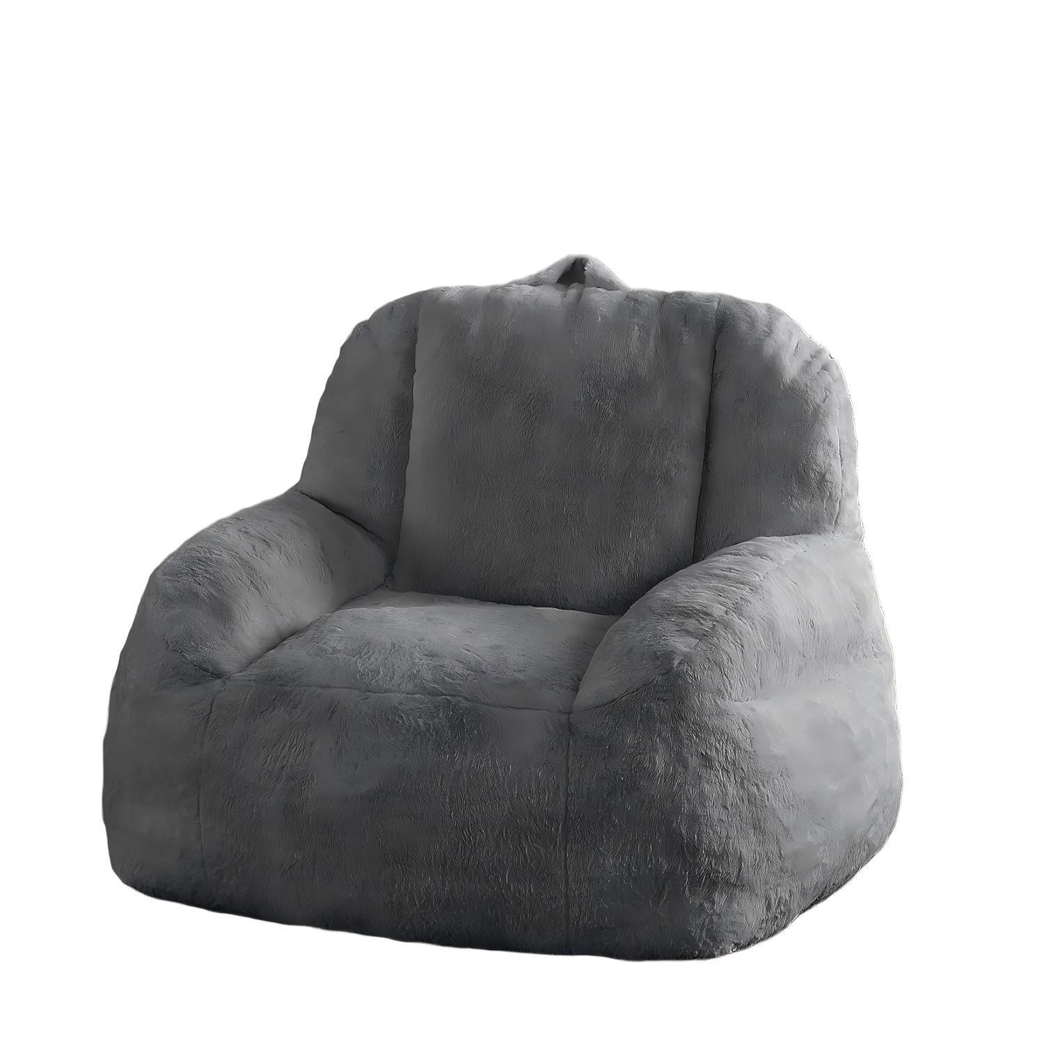 Oversized Faux Fur Bean Bag Chair - Stuffed Floor Couch with Carry Handle for Adults, Black