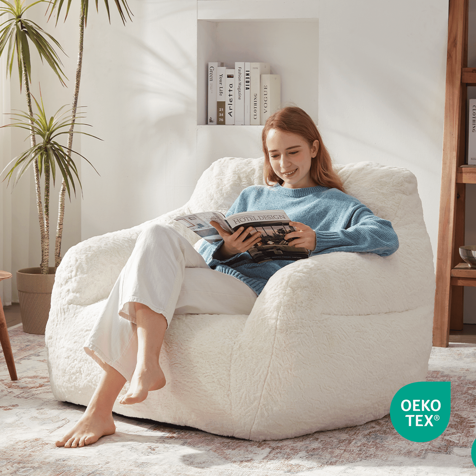 Ebenchico 3.8ft Oversized Bean Bag Chair for Adults Teens Kids, Beanbag Chairs with Pillow, Reading Gaming Relaxing Chair, White
