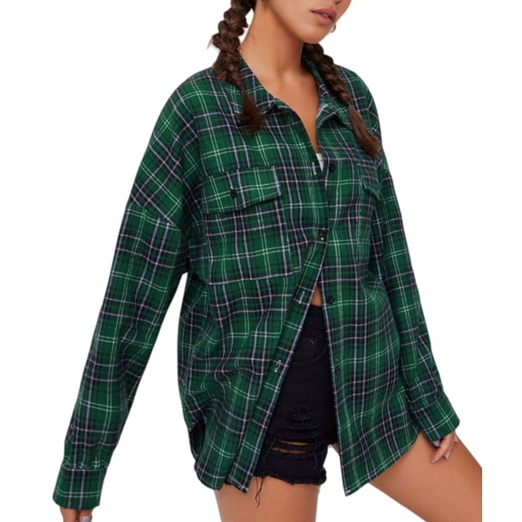 Oversized Flannel Shirt Female Long Sleeve Plaid Button Shirt Tops with Pocket Deep Green XL