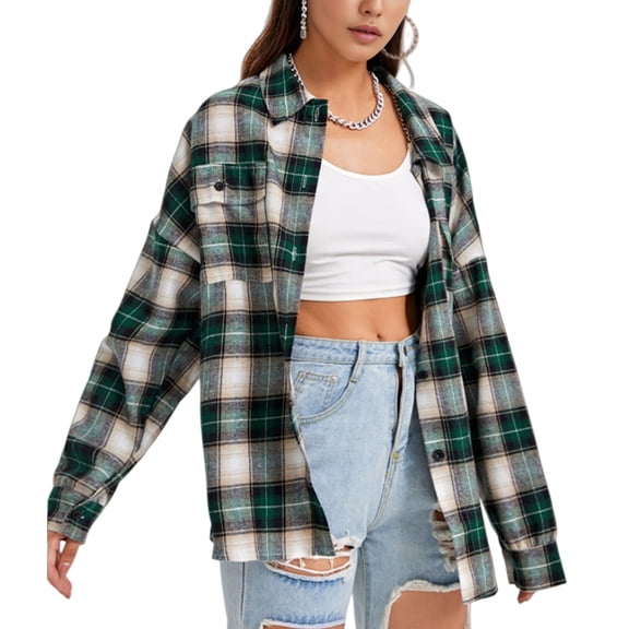 Oversized Flannel Shirt Female Long Sleeve Plaid Button Shirt Tops with Pocket Light Green XL