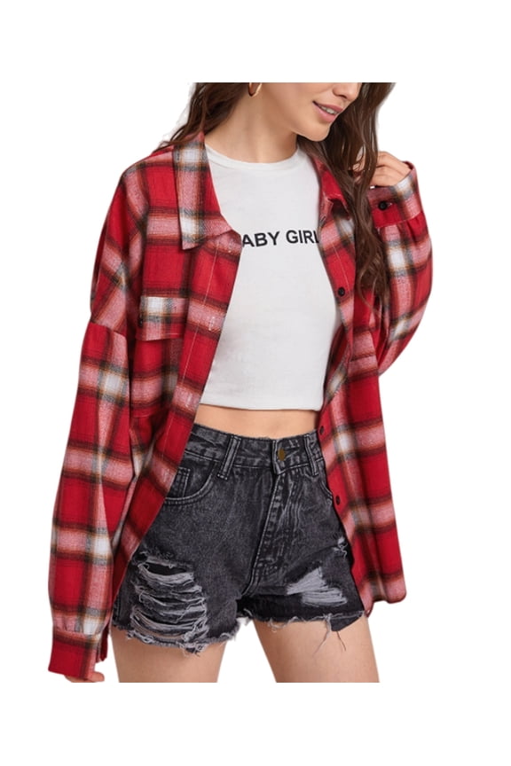Oversized Flannel Shirt Female Long Sleeve Plaid Button Shirt Tops with Pocket Red XXL