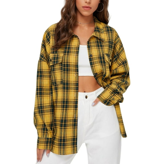 Oversized Flannel Shirt Female Long Sleeve Plaid Button Shirt Tops with Pocket Yellow L