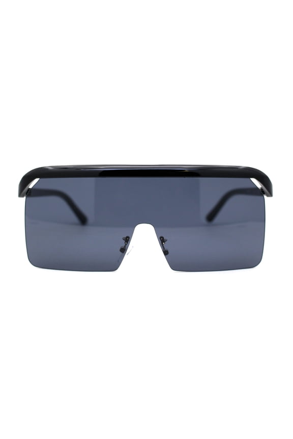 Oversized Flat Top Half Rim Mono Shield Minimalist Sunglasses All Black