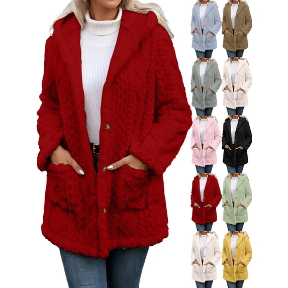 Oversized Fleece Button Up Jackets for Women Casual Hooded Solid-color Coat With Buttons And Long Sleeves Tops