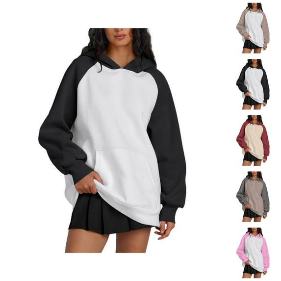 Oversized Hoodies for Women 2025 Fall Winter Long Sleeve Color Block Hooded Sweatshirt with Pockets Pullover Tops