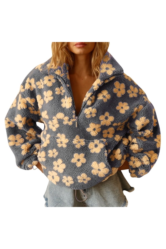 Oversized Fleece Sweaters Women Cute Half Zip Pullover Fuzzy Sweatshirts Flowers Comfy Casual Trendy Winter Tops (L, Yellow)