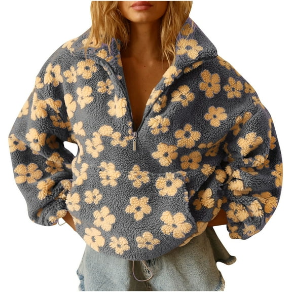 Oversized Fleece Sweaters Women Cute Half Zip Pullover Fuzzy Sweatshirts Flowers Comfy Casual Trendy Winter Tops (S, Yellow)