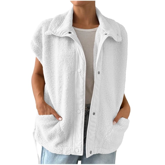 Oversized Fleece Vest Womens Lightweight Fuzzy Sherpa Jacket Vests Sleeveless Soft Fall Winter Zip-Up Coat White, L