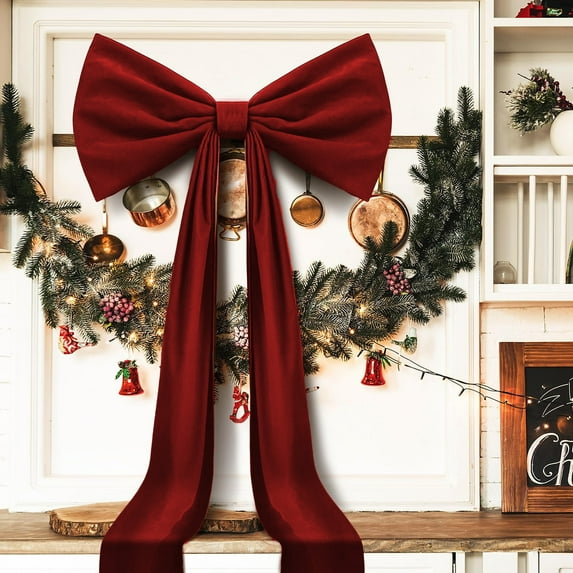 Oversized Flocked Christmas Bow Tree Topper Large Decorative Bow for Holiday Wedding Party Indoor Outdoor Decor Xmas Gift(Wine)