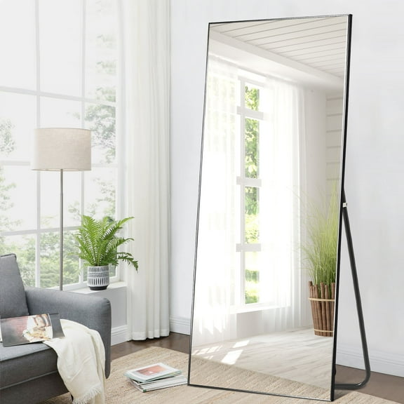 Oversized Floor Mirror Full Length Mirror with Stand Large Wall Mounted Mirror Aluminum Alloy Frame (Black, 71" x 32")