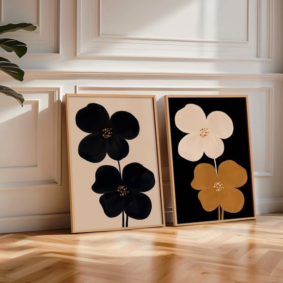Oversized Flower Moody Black & Brown Minimal Mid Century, Set 2, Poster Only
