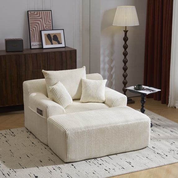 Oversized Fluffy Chaise Lounge Chair with Ottoman, Comfy Boneless Design and 3 Pillows for Living Room or Bedroom in Beige