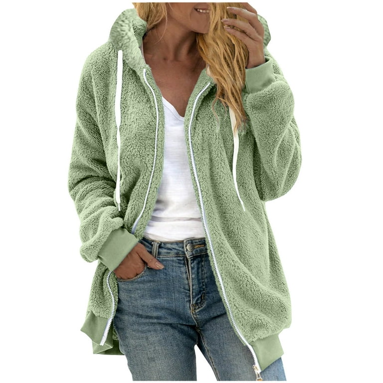 Oversized Fluffy Hoodie Jacket Full Zip-up Long Sleeve Womens Lightweight  Fleece Drawstring Hooded Winter Coat (5X-Large, Green)
