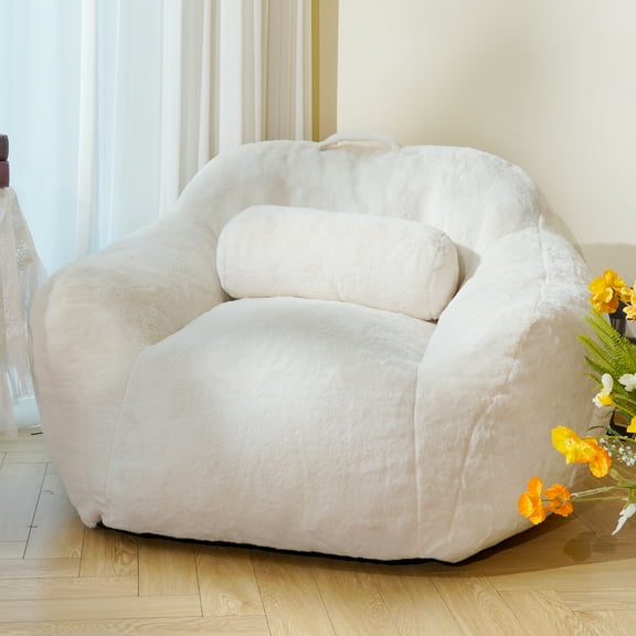 Oversized Foam Bean Bag Sofa Chair, Fluffy Bean Bag Chair with pillow for Adults, Lazy Floor Bean Bag Sofa Couch with Ergonomic Support, Plush Lazy Sofa with Beige Color.