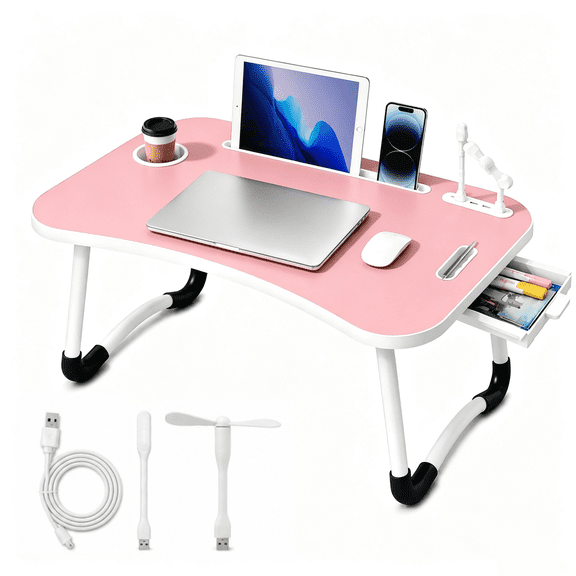 Oversized Foldable Laptop Bed Desk with Cup Holder Drawer USB Ports Fan and LED Lamp Portable Bed Tray Table for Eating Reading Working and Studying,Pink