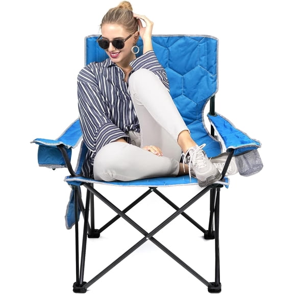 Oversized Folding Camping Chair 500 LBS Heavy Duty Lawn Chairs with Blue Portable Folding with Armrest, Cup Holder, Pocket Bag for Outdoor Camping/Beach/Travel/Picnic/Fishing