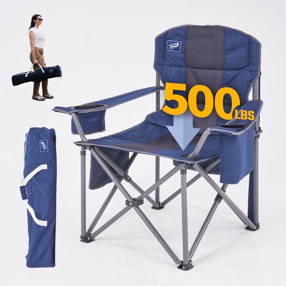Oversized Folding Camping Chair for Adults, Supports 500 lbs – Breathable Fabric, Insulated Cup Holder, 8-Can Cooler, Padded Backrest & Seat, Storage Pouch, Carry Bag
