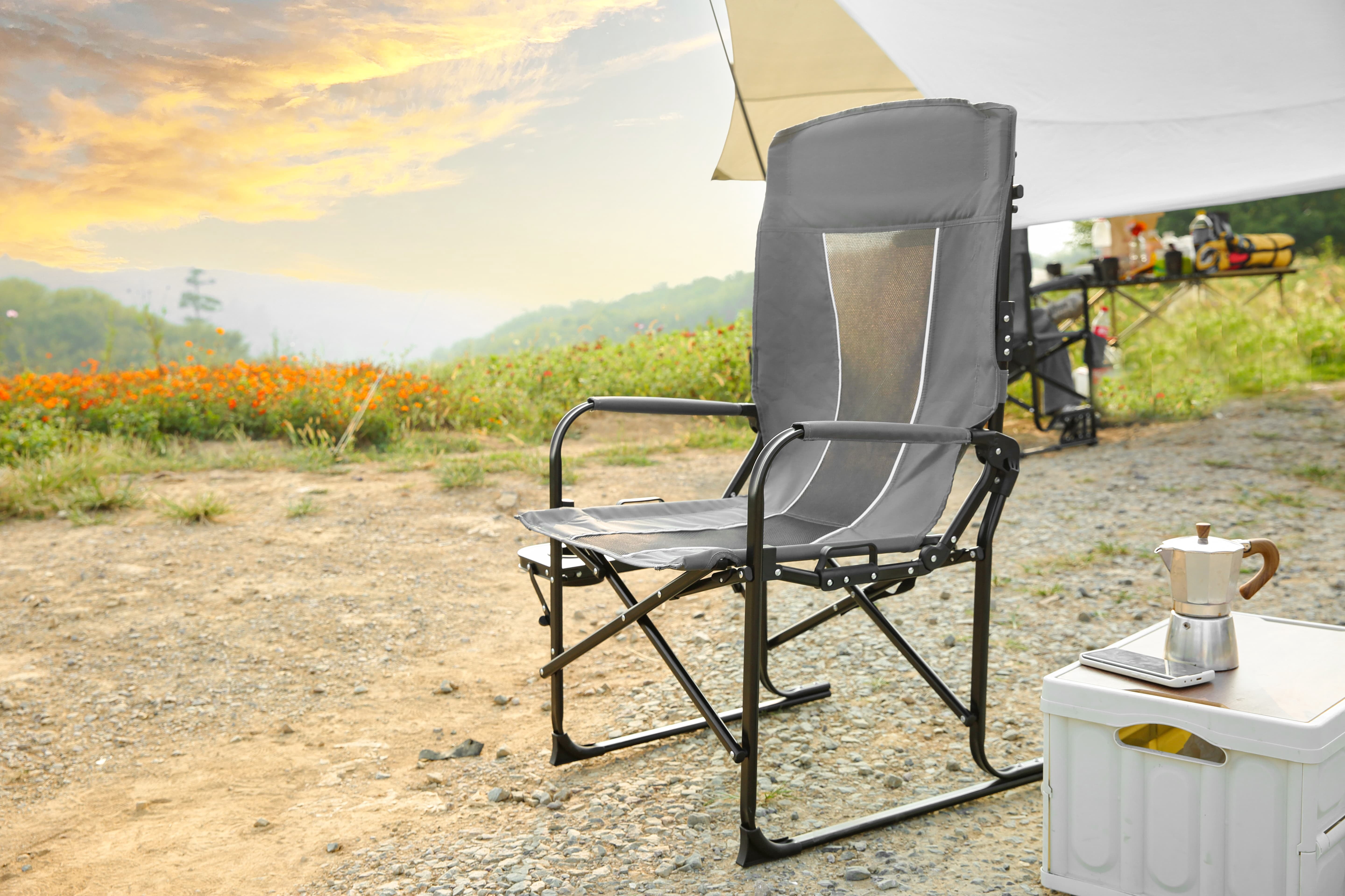 Oversized Folding Camping Directors Chair, Heavy Duty Steel Frame Portable Lawn Chair with Side Table, Cup Holder & Storage Pocket, 250LBS Capacity for Beach Fishing Picnic Outdoor