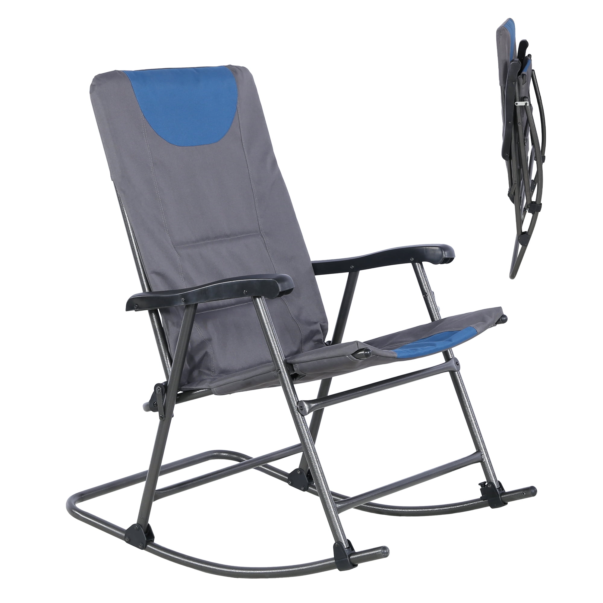 Oversized Folding Rocking Camping Chair, High Back Airmesh Outdoor Rocker with Hard Armrests, Storage Pockets & Carry Bag for Patio Lawn Camping