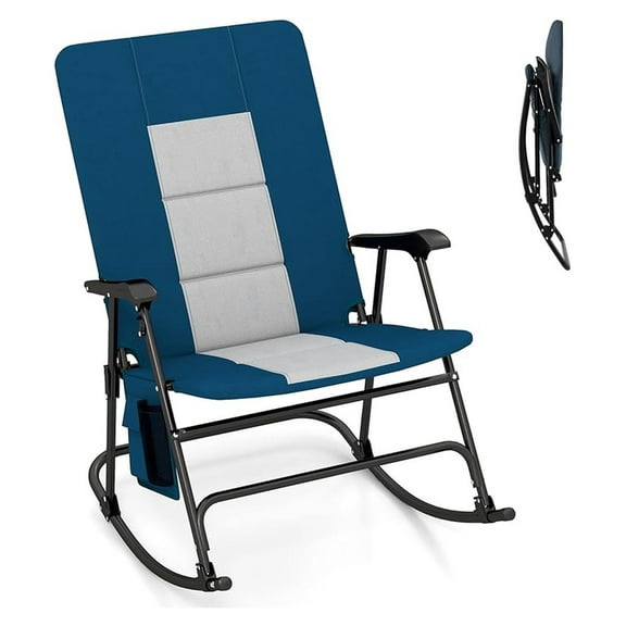 Oversized Folding Rocking Camping Chair, Padded Portable Outdoor Rocker with Side Pocket and Hard Armrests for Patio, Lawn, Backyard, Supports up to 500 lbs, Blue